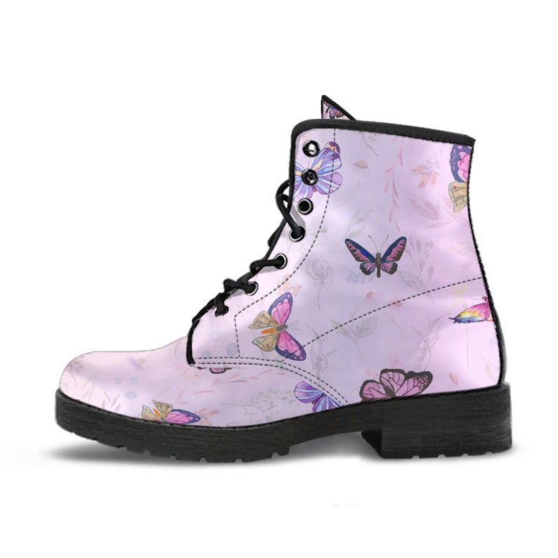 Combat Boots Pink butterfly Vegan Leather Boots, Girlfriend Gifts for Her Custom Casual Cute Shoes image 5