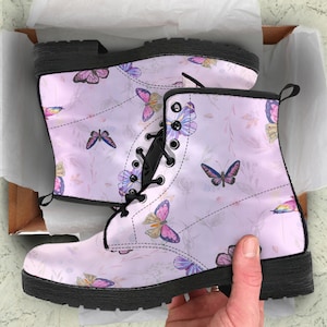 Combat Boots Pink butterfly Vegan Leather Boots, Girlfriend Gifts for Her Custom Casual Cute Shoes image 1