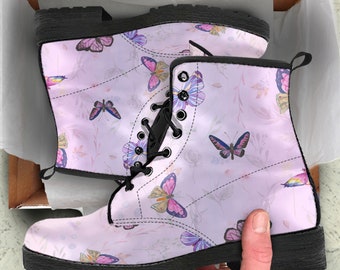 Combat Boots Pink butterfly Vegan Leather Boots, Girlfriend Gifts for Her Custom Casual  Cute Shoes