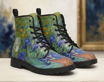 Bottes de combat en cuir végétalien Irises Van Gogh : bottes de cowboy inspirées de l'art