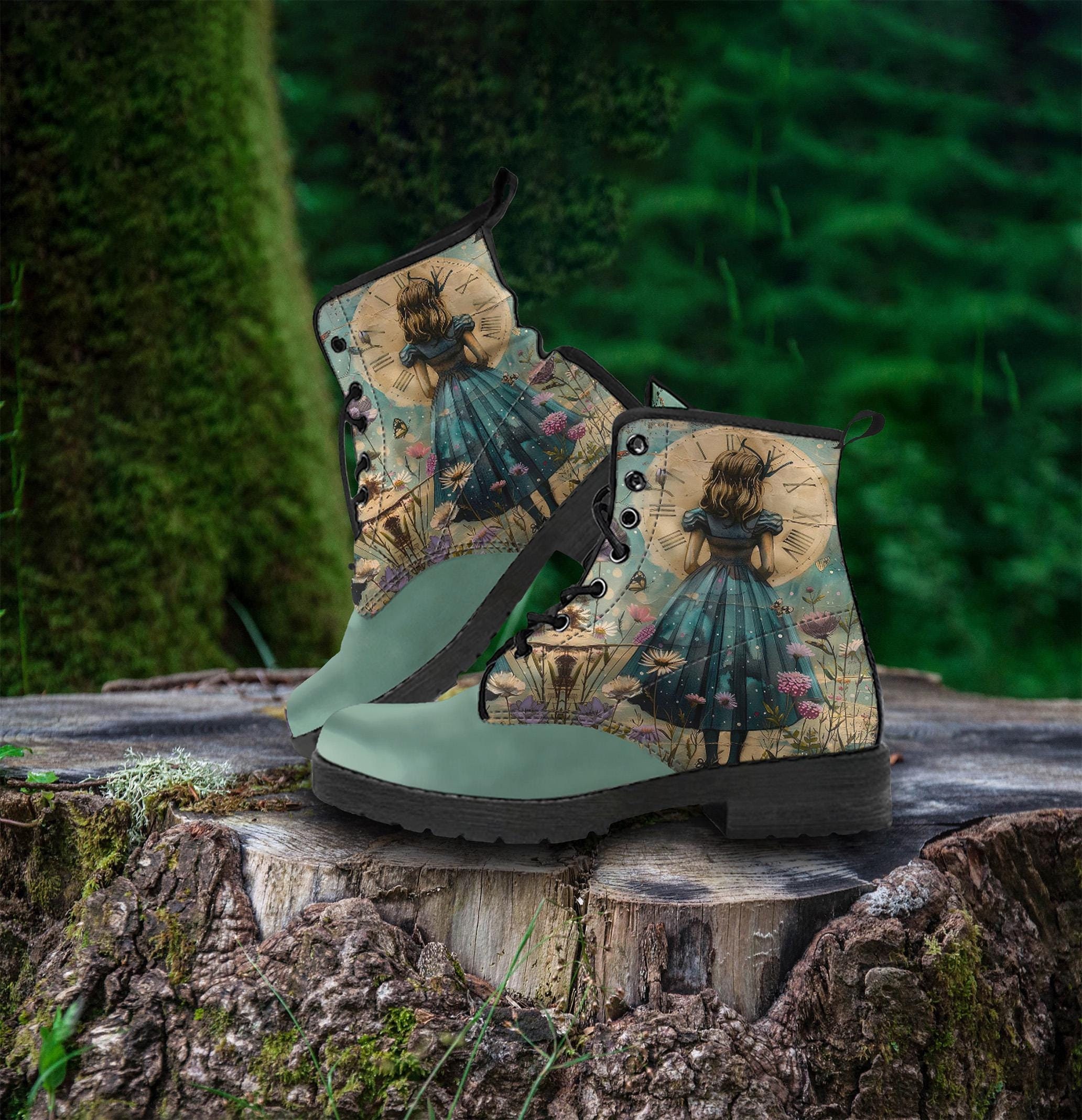 Alice in Wonderland Combat Boots, Gothic Vegan Leather Platform