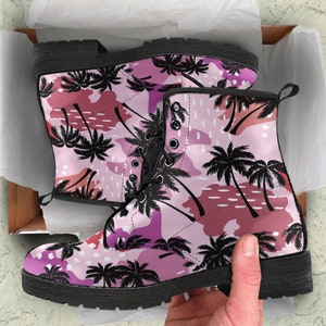 Combat Boots Women&#39;s Palm Trees Pattern Leather Boots, Birthday Gifts idea Vegan Cute Shoes