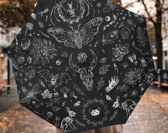 Dark Cottagecore Umbrella: Gothic Forest Print, Animal Skulls