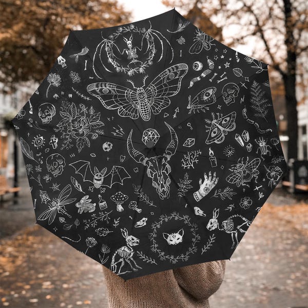 Dark Cottagecore Umbrella, Gothic Forest Windproof Parasol, Animal Skull Print Rain Umbrella, Whimsigoth Travel Umbrella, Gift For Her