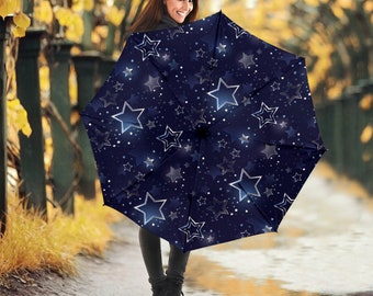 Silver Stars Print Umbrellas, Custom Large Umbrella Windproof Umbrella Birthday Gifts for Girl Polyester Umbrella