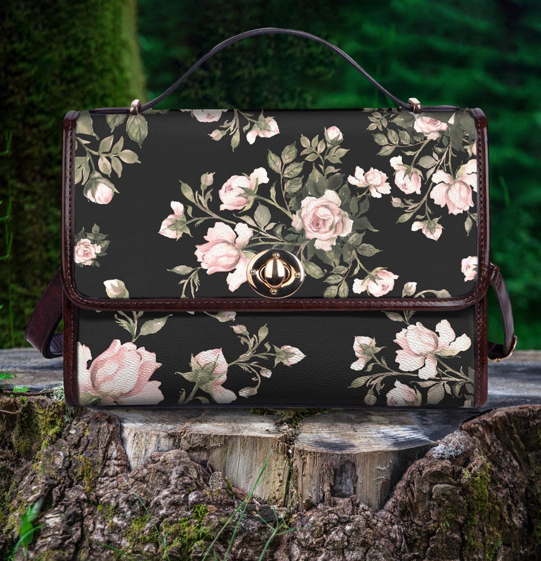 Black Floral Vegan Leather Handbag: Pink Flower Boho Witchy
