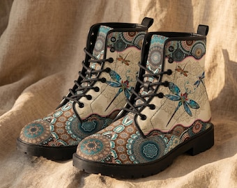 Dragonfly Mandala Vegan Leather Combat Boots: Custom Women's Shoes