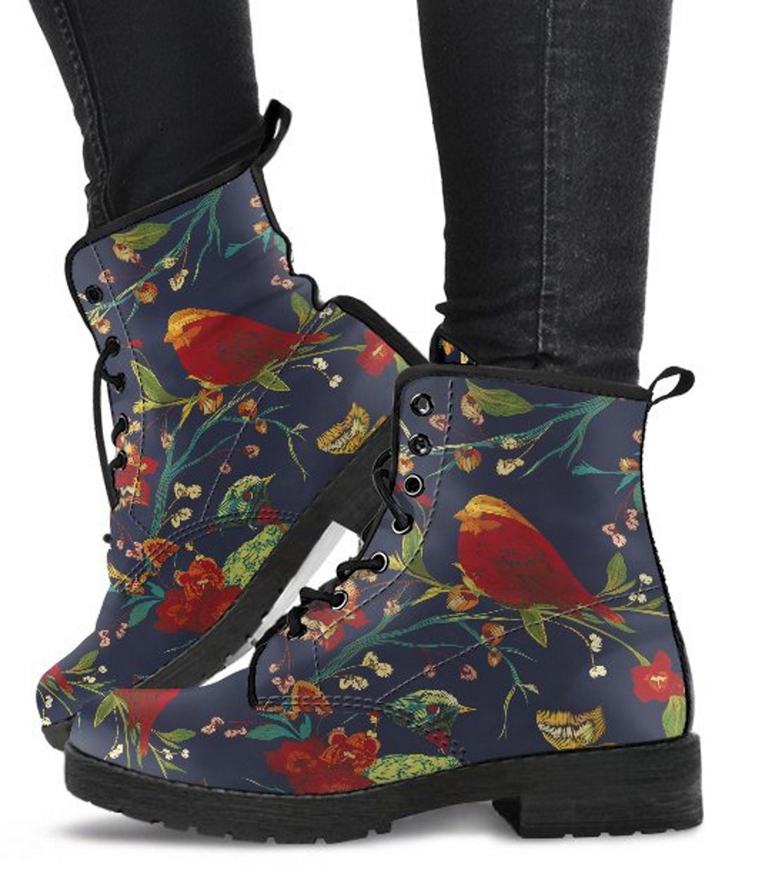 Combat Boots  Colorful Floral Bird  Boots Womens  Fashion Vegan Leather Combat Gifts Friend  Custom Casual Bohemian Cowgirl  Angkle