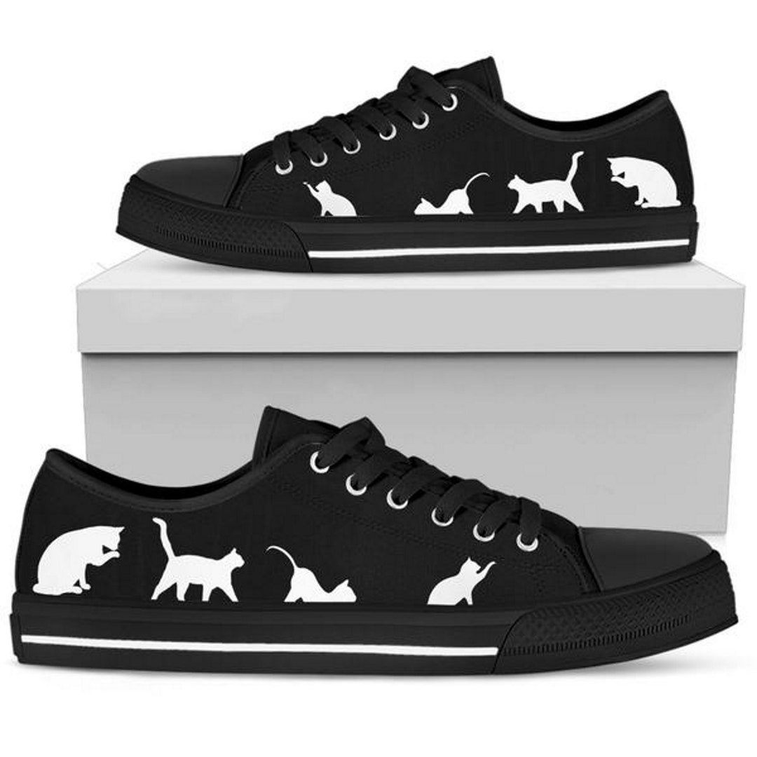Black White Cats Sneakers Laces Fashion Womens Canvas Low Top Converse
