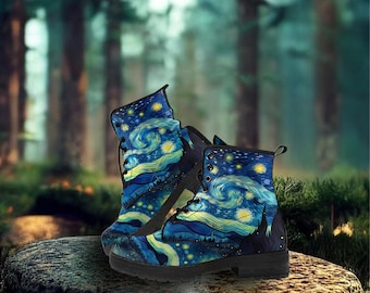 Botas de piel vegana Van Gogh Starry Night, arte galáctico, botas clásicas para mujer
