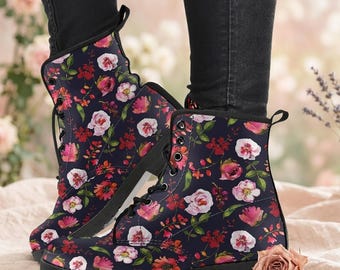 Blush Roses Peonies Combat Boots, Romantic Platform Boots, Vegan Leather Boots For Women, Floral Lace Up Boots, Gift For Gardeners