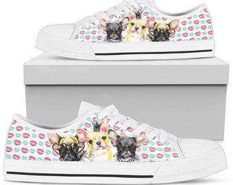 Franse Bulldog sneakers voor dames, Converse-Style gepersonaliseerde cadeaus voor vrienden en familie, voor dierenliefhebbers Canvas Sports Fan Athletic Shoes