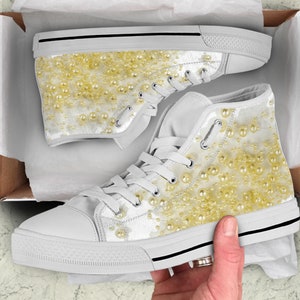 Woman&#39;s Wedding Pearls Custom High Top Sneakers, Valentines&#39;s Day Gifts for Her Casual Cute Shoes