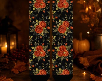 Burnt Orange Roses & Gold Leaves Crew Socks for Women – Autumn Gothic Socks, Made in USA