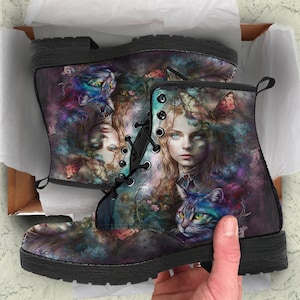 Alice in Wonderland Women&#39;s Vegan  Leather Boots, Gothic Gifts for Alice Fan, Custom Boots Combat Shoes, Platform Boots