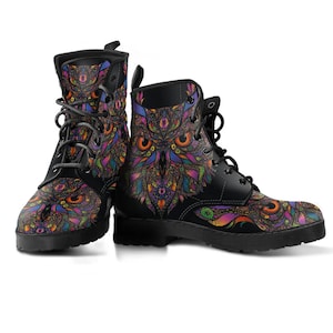 Combat Boots Owl Women&#39;s Leather Boots,  Lace Up Boots Birthday Gifts for Girlfriend, Platform Boots