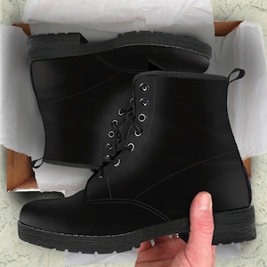 Midnight Black Vegan Leather Boots, Mother&#39;s Day Gifts for Her Combat Women Shoes Casual Cute Boots