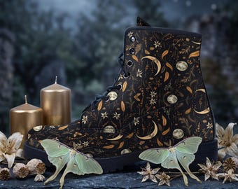 Witchy Golden Moon Botanicals Vegan Leather Combat Boots, Celestial Platform Boots Women, Lunar Moth Gothic Ankle Boots, Gift