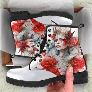 Queen of Hearts Women&#39;s Vegan Leather Boots, Birthday Gifts for Her, Combat Shoes, Custom Platform Boots