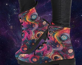 Cosmic Galaxy Combat Boots, Celestial Platform Boots, Vegan Leather Boots For Women, Festival Lace Up Boots, Astronomy Gift For Her