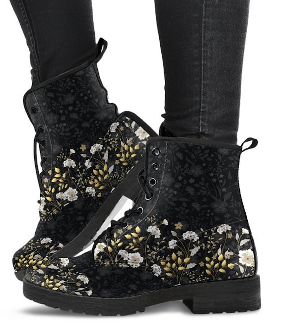 Black Floral Pattern Boots Womens Angkle Fashion Vegan Leather - Etsy