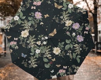 Midnight Pastel Flowers & Golden Stars Umbrella, Automatic Folding Windproof Rain Umbrella, Celestial Gift