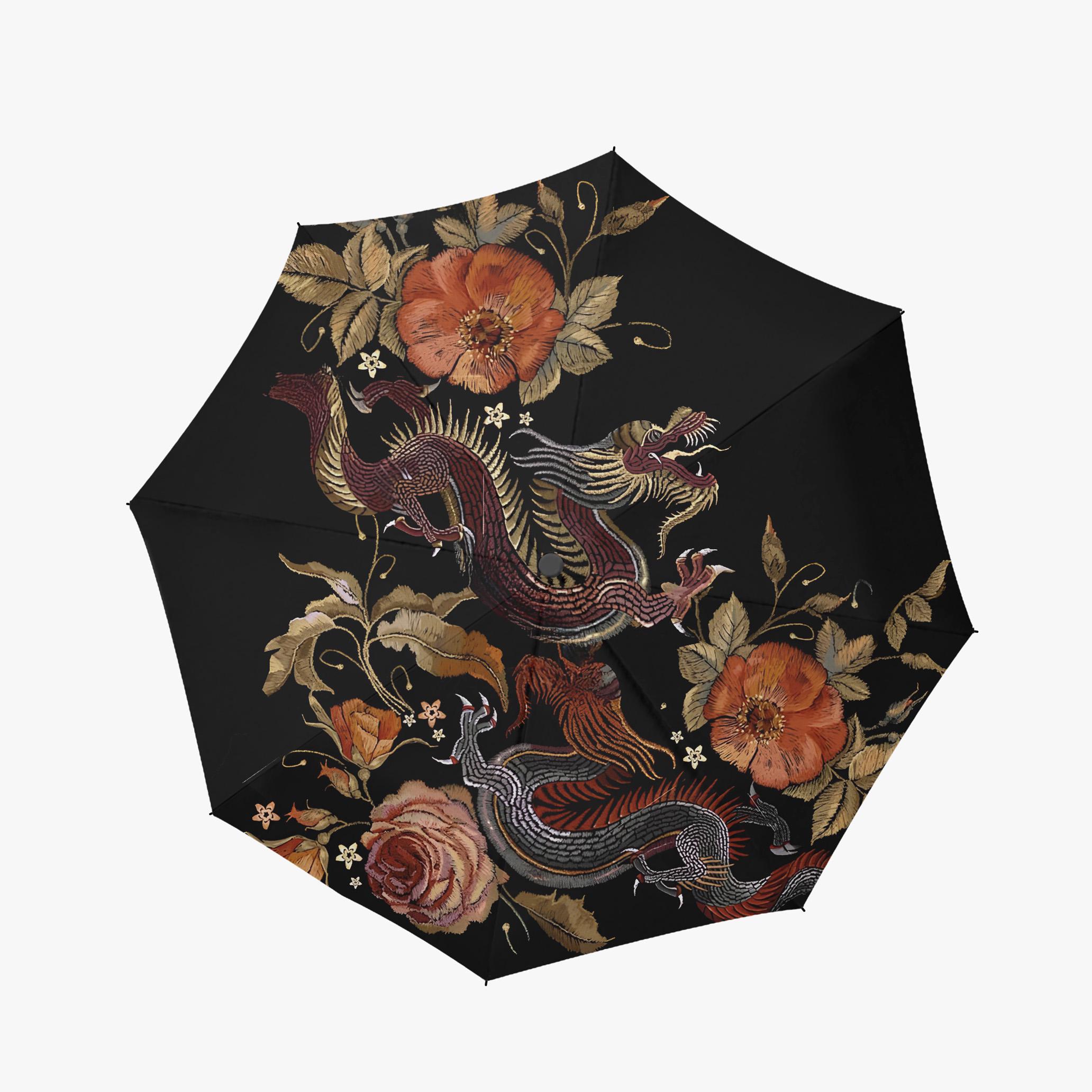 Embroidered Chinese Dragon Umbrella: Floral Polyester Rain 
