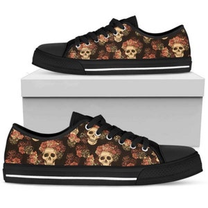 Gothic Skull  Roses, Womens Sneakers, Customized Low Top, Sporty, Summer Shoes, Gifts Art Pet Lover  Athletic  Flat Fashion Womens