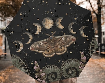 Moon Phase Moth Umbrella, Automatic Folding Windproof Rain Umbrella, Celestial Witchy Gift for Her
