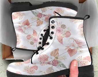 Combat Boots Woman's Dried florals Custom Leather Boots Shoes,  Gifts for Her Vegan Cute Shoes