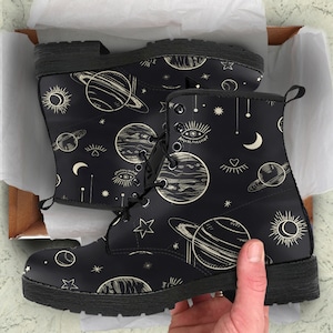 Combat Boots Women&#39;s Moon Phases Abstract Custom Leather Boots, Birthday Gifts for Her Cute Shoes