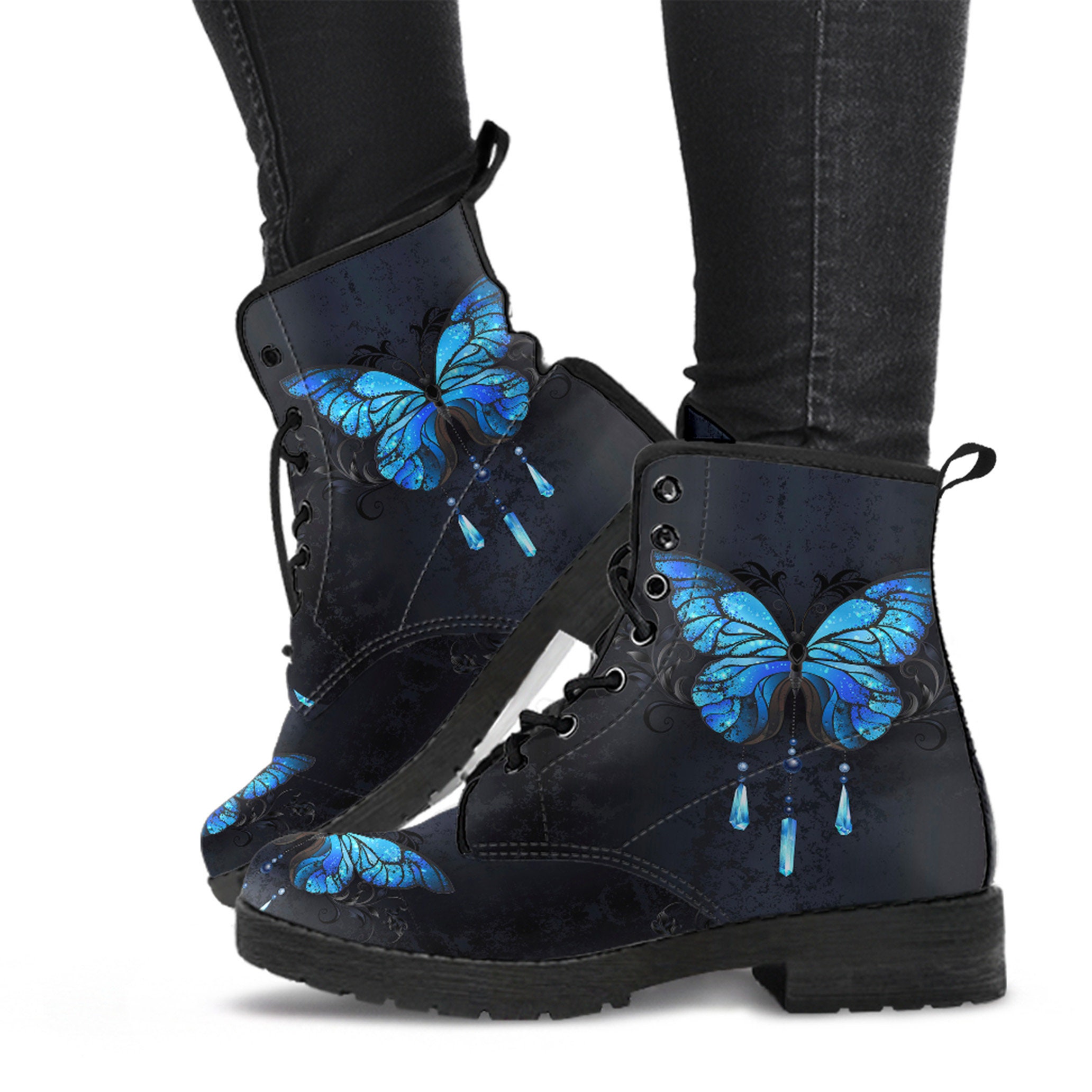 Combat Boots Blue Butterfly Leather Boots Mother s Day Gifts for