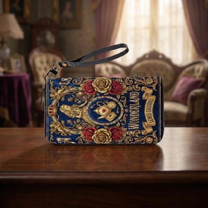 May include: A blue clutch bag with a wrist strap, featuring a design inspired by "Alice in Wonderland." The bag is decorated with gold embellishments, red and gold roses, and the text "Wonderland" and "Lewis Carroll."