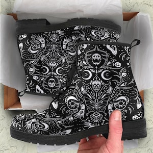 Veganistische leren laarzen met gotische zwart-witte schedels, gevechtslaarzen Goth Girl cadeaus voor haar, festivallaarzen zwarte schoenen