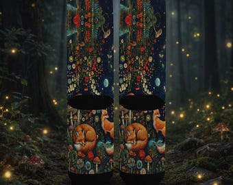 Midnight Woodland Fox & Fireflies Crew Socks for Women – Woodland Fox Socks, Made in USA