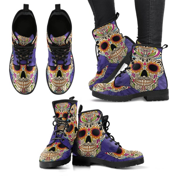 Combat Boots Sugar Women's Leather Boots, Skull  Gothic Boots, Valentines Day Gifts for Womens Birthday