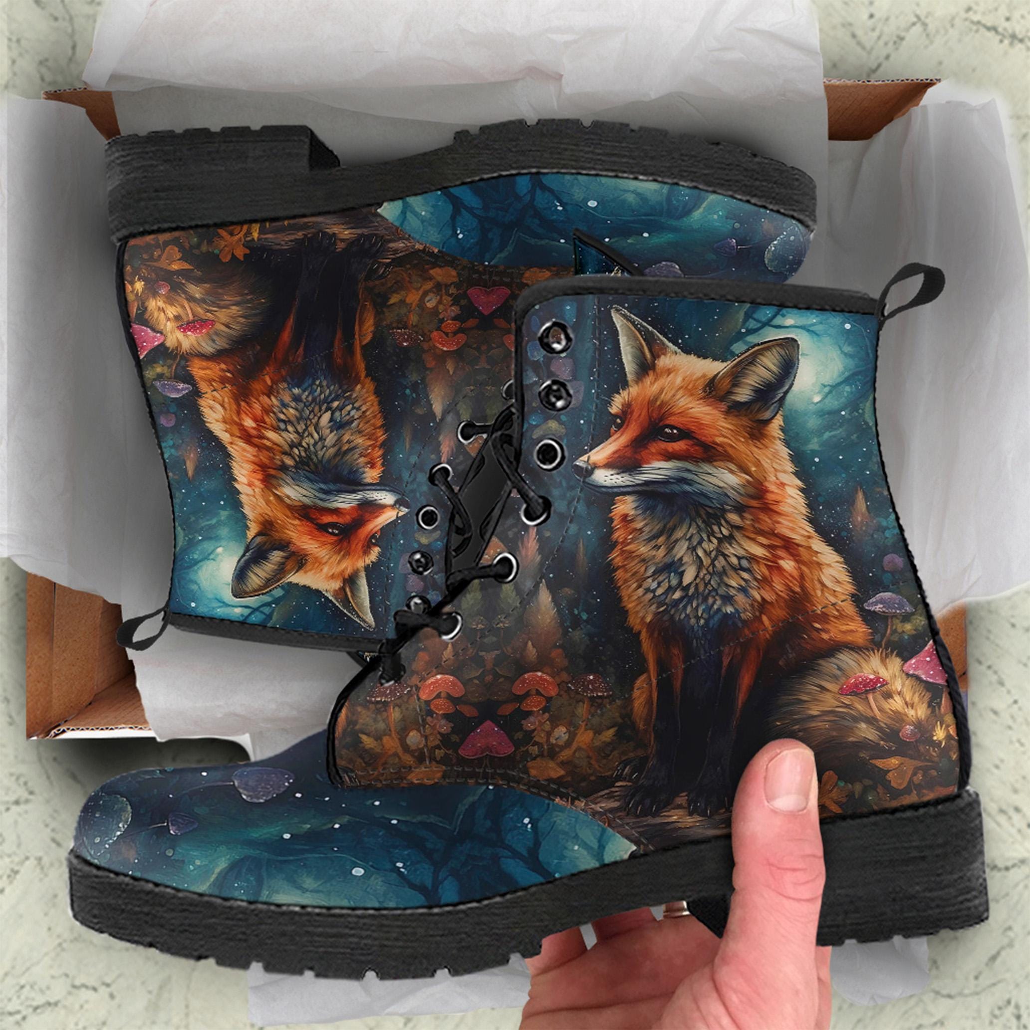 Enchanted Fox Combat Boots, Woodland Platform Boots, Vegan Leather