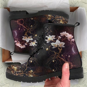 Rose Spells Digital Paper Leather Vegan Boots, Birthday Gifts for Her Custom Shoes Women Combat Boots