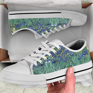 Vintage Art Vincent Van Gogh Irises Low Top Sneakers, Custom Shoes Women Mother&#39;s Day Gifts For Her Tie Sneakers
