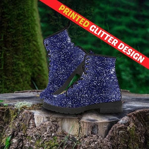 Combat Boots Woman&#39;s Blue Simulated Sparkle Glitter Custom Vegan Leather Boots, Mother&#39;s Day Gifts, Cute Shoes
