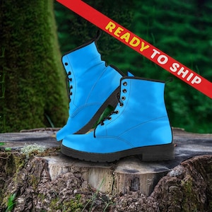 Women&#39;s Sky Blue Vegan Leather Boots, Combat Boots, Birthday Gifts for Mother&#39;s Day Lace Up Boots, QUICK SHIP