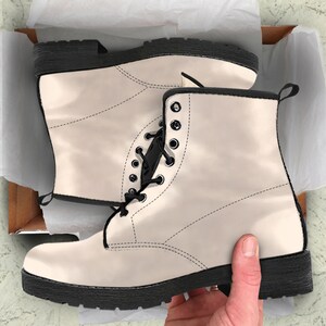 Antique White Vegan Leather Boots, Womens Combat Shoes Girlfriend Gifts for Her Casual Shoes Lace Up