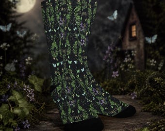 Dark Cottagecore Moon & Butterfly Crew Socks for Women – Whimsigoth Socks, Made in USA