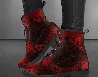 Red And Black Combat Boots, Bold Platform Boots, Vegan Leather Boots For Women, Punk Lace Up Boots, Gift For Girlfriend