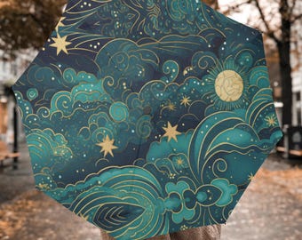 Teal Cosmic Clouds & Golden Stars Umbrella, Automatic Folding Windproof Rain Umbrella, Celestial Gift for Her