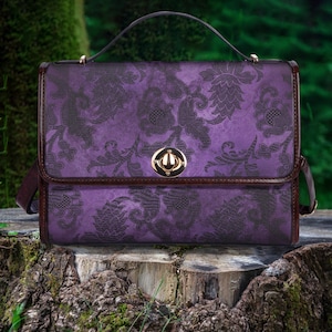 Lila Gothic Muster Damen Vegan Leder Handtasche, Weekender Tasche Geschenke für Sie, Boho Hippie Geldbörse Mond Geldbörse, Umhängetaschen