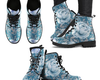 Combat Boots Winter Flowers Women's Leather Boots,  Gifts for Girlfriend, Cute Shoes