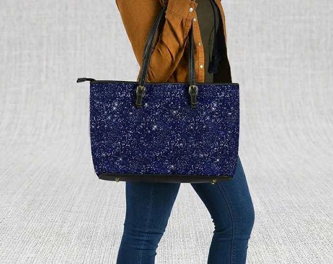 Blue Sparkle Print Vegan Leather Tote Bag: Large Campus Bag