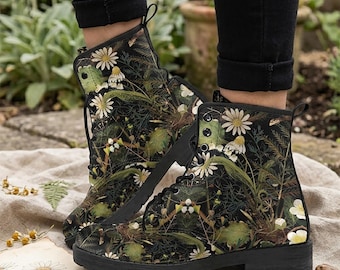 Floral Daisy Vegan Leather Combat Boots: Cottagecore Botanical Forestcore
