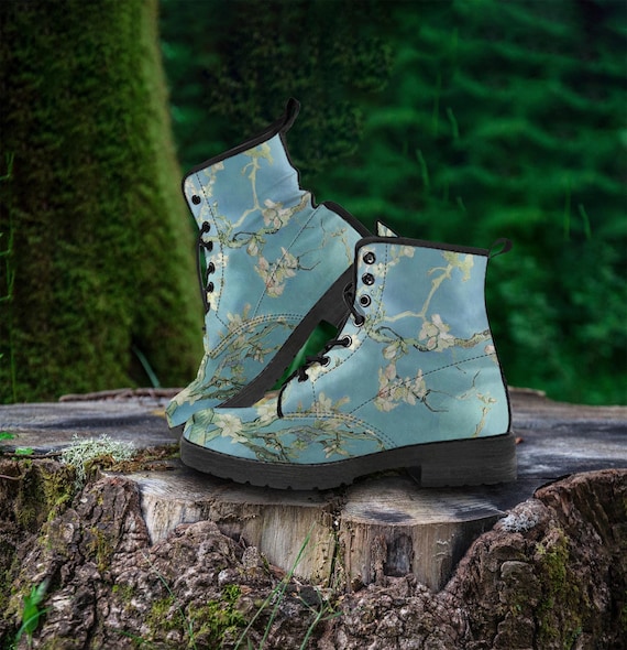 Van Gogh Almond Blossom Combat Boots, Fine Art Platform Boots